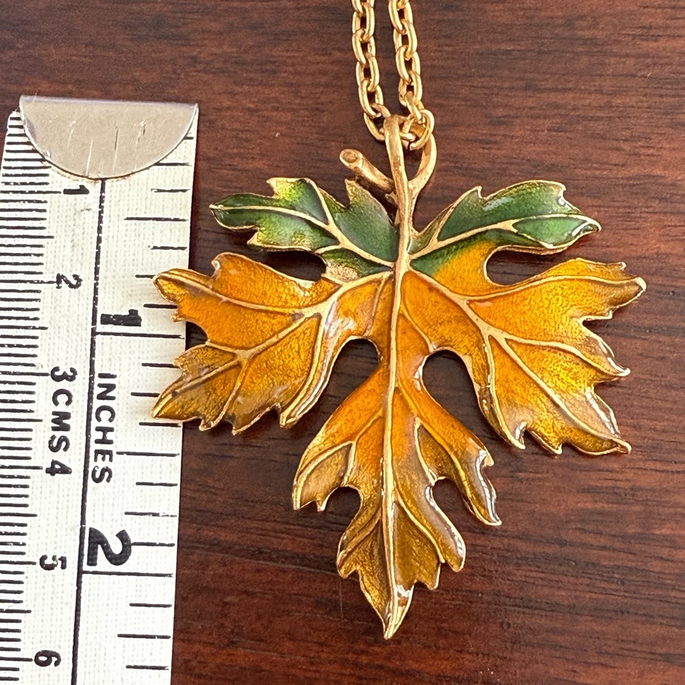 Gold and green enameled autumn leaf pendant long gold chain